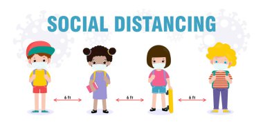 Yeni normal yaşam tarzı konsepti için okula dönüyorum. Yüz maskesi takan mutlu çocuklar ve sosyal mesafeler, Coronavirüs 'ü koruyor, covid 19, bir grup çocuk ve arkadaş arka planda tek başlarına okula gidiyorlar.