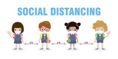 Yeni normal yaşam tarzı konsepti için okula dönüyorum. Yüz maskesi takan mutlu çocuklar ve sosyal mesafeler, Coronavirüs 'ü koruyor, covid 19, bir grup çocuk ve arkadaş arka planda tek başlarına okula gidiyorlar.