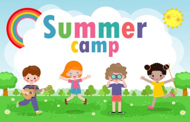 Çocuklar yaz kampı arka plan eğitim şablonu reklam broşürü veya poster, mutlu çocuklar kamp faaliyetleri, poster şablonu, metin, Vector Illustration 