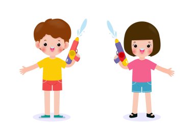 Songkran festivali çocukları su tabancası tutarken Songkran festivalinde su sıçratmanın keyfini çıkarın, Tayland Geleneksel Yeni Yıl Vektör İlülasyonu Tayland seyahat konsepti beyaz arka planda