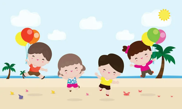 Gruppe Von Kindern Die Strand Spielen Und Springen Kinder Die — Stockvektor