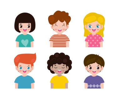 Beyaz arka planda izole edilmiş, farklı milletler ve farklı giyim tarzları olan bir grup çocuk. Avrupalı çocuklar, Amerika 'nın Çocukları, Asyalı çocuklar, Afrikalı çocuklar, mutlu çocuklar, Vektör İllüzyonu