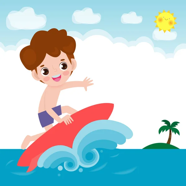 Cute Surfer Postać Chłopca Deską Surfingową Jazda Fali Oceanu Szczęśliwy — Wektor stockowy