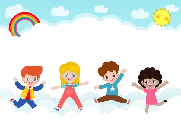 Niños Felices Saltando Nube Arco Iris Cartel Fondo Con Niños — Archivo Imágenes Vectoriales