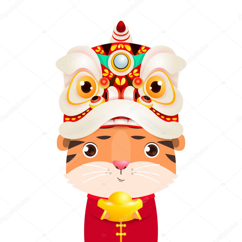 cute Little tiger wear lion dance head greeting and Happy Chinese new year 2022 year of the tiger zodiac, Cartoon vector illustration isolated on white background.