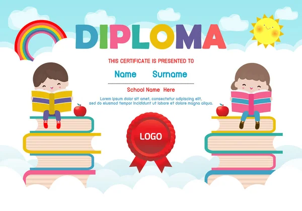 Modelo Diploma Para Crianças Certificados Jardim Infância Elementar Crianças Pré — Vetor de Stock