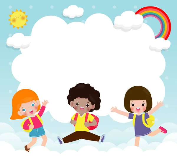 Niños Felices Saltando Nube Arco Iris Cartel Fondo Con Niños — Vector de stock