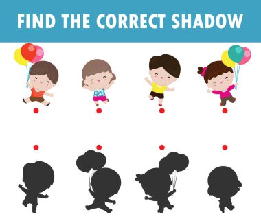 Çocuklar için Gölge Eşleştirme Oyunu, çocuklar için görsel oyun, doğru Gölge 'yi bul, Öğretim Medyası, Noktaları Birleştir, Eğitim arka planda izole edilmiş Vektör Resimleri.