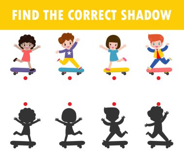 Çocuklar için Gölge Eşleştirme Oyunu, çocuklar için görsel oyun, doğru Gölge 'yi bul, Öğretim Medyası, Noktaları Birleştir, Eğitim arka planda izole edilmiş Vektör Resimleri.