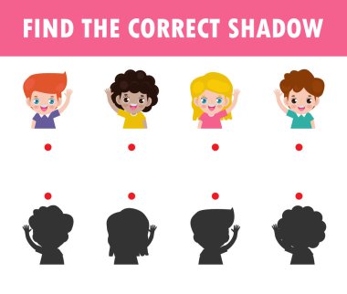 Çocuklar için Gölge Eşleştirme Oyunu, çocuklar için görsel oyun, doğru Gölge 'yi bul, Öğretim Medyası, Noktaları Birleştir, Eğitim arka planda izole edilmiş Vektör Resimleri.