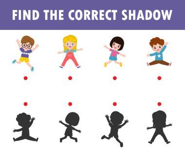 Çocuklar için Gölge Eşleştirme Oyunu, çocuklar için görsel oyun, doğru Gölge 'yi bul, Öğretim Medyası, Noktaları Birleştir, Eğitim arka planda izole edilmiş Vektör Resimleri.