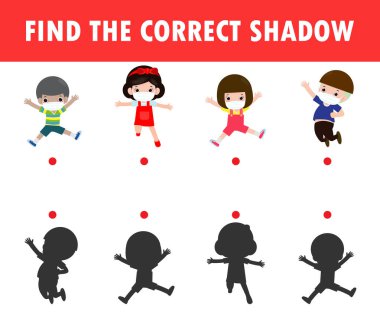 Çocuklar için Gölge Eşleştirme Oyunu, çocuklar için görsel oyun, doğru Gölge 'yi bul, Öğretim Medyası, Noktaları Birleştir, Eğitim arka planda izole edilmiş Vektör Resimleri.