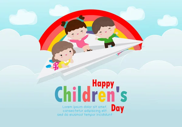 Happy Kinder Dag Achtergrond Poster Met Gelukkig Drie Kinderen Vliegen — Stockvector