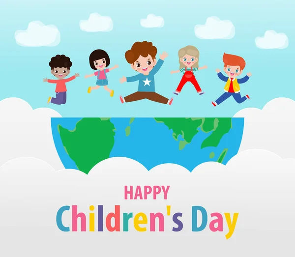 Happy Children Day Achtergrond Poster Met Gelukkige Kinderen Springen Wereld — Stockvector