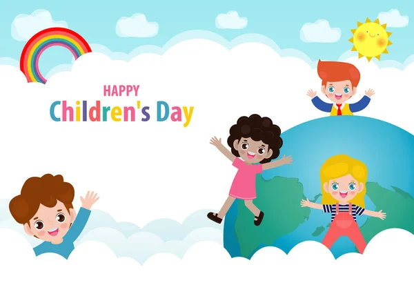 Happy Children Day Hintergrundposter Mit Glücklichen Kindern Auf Welt Den — Stockvektor