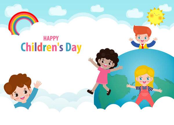 Happy children's day background poster with happy kids on World in the cloudy sky and rainbow greeting card isolated vector illustration