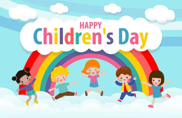 Днем Ребенка Плакат Группой Милые Дети Прыжки Облачное Небо Радуга — стоковый вектор