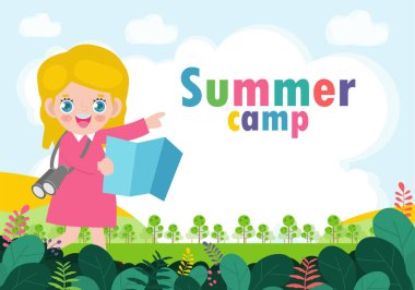 Çocuklar yaz kampı arka plan eğitim şablonu reklam broşürü veya poster, mutlu çocuklar kamp ve atlama aktiviteleri, poster şablonu, metin, Vector Illustration 