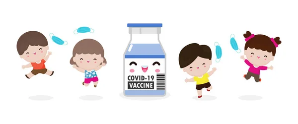 Щасливі Діти Стрибають Видалити Медичну Маску Вакциною Проти Covid Або — стоковий вектор