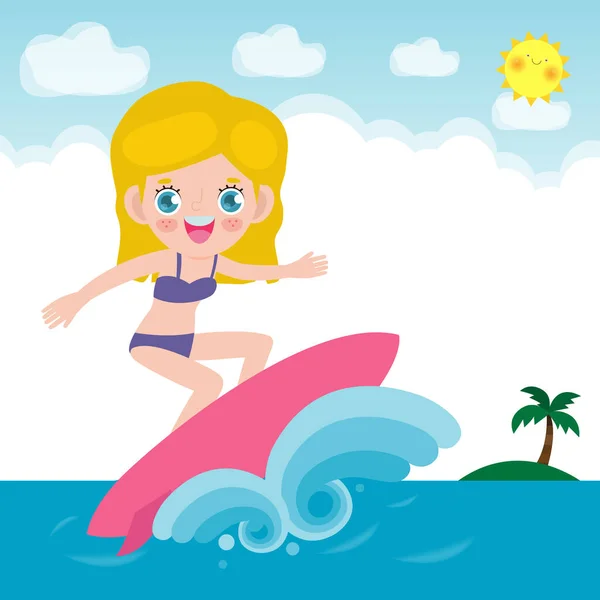 Cute Surfer Ludzi Charakter Deską Surfingową Jazda Fali Oceanu Szczęśliwy — Wektor stockowy