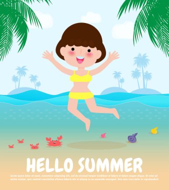 Merhaba yaz şablonu afişi, üzerine atlayan genç kadınlar eğlenceli bir yaz zamanı deniz kıyısında dinlenen insan, deniz kenarında dinlenen dinlenme zamanı, arka plan çizimi üzerine yaz tatili düz çizgi filmi.