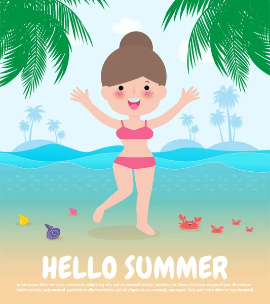 Hello Summer Template Banner Young Women Jumping Fun Summer Time — стоковый вектор