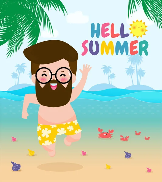 Hallo Sommer Schablone Banner Hipster Mann Springen Auf Haben Einen — Stockvektor