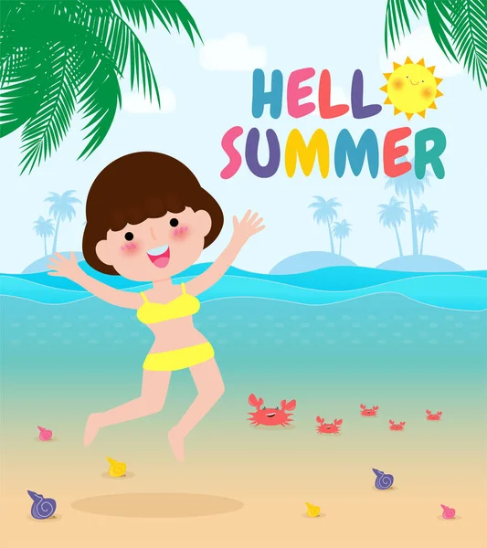 Hello Summer Template Banner Young Women Jumping Fun Summer Time — стоковый вектор