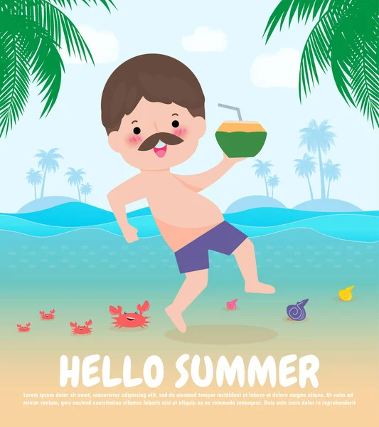 Hello Summer Template Banner Hipster Man Jumping Have Fun Summer — стоковый вектор