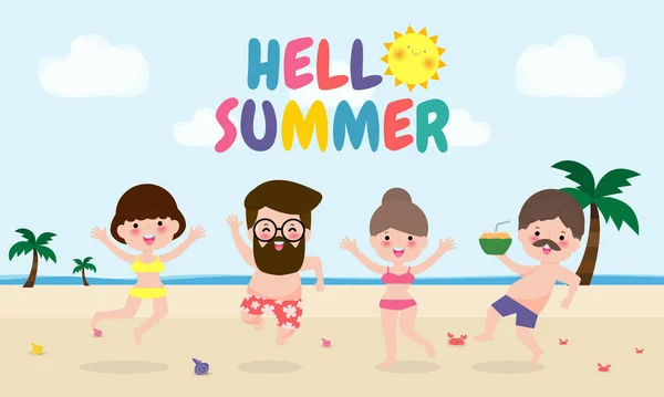 Hello Summer Template Banner Youth Man Woman Jumping Fun Summer — стоковый вектор