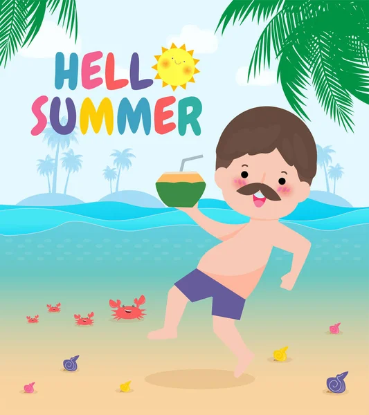 Hello Summer Template Banner Hipster Man Jumping Have Fun Summer — стоковый вектор