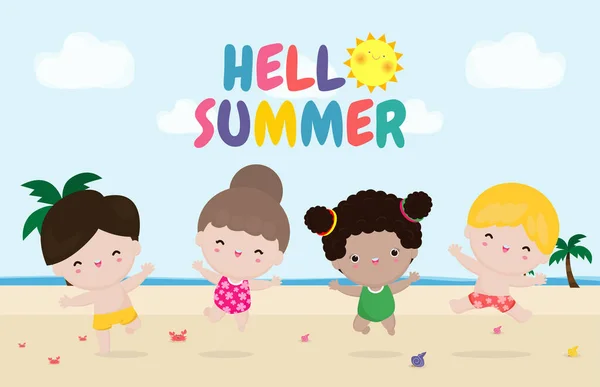 Hallo Sommer Banner Vorlage Gruppe Von Kindern Springen Strand Sommerzeit — Stockvektor