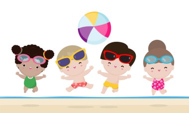 Merhaba yaz afişi şablonu, plajda su voleybolu oynayan bir grup çocuk yaz tatilinde plajda zıplayan düz çizgi film beyaz arka plan çizimi