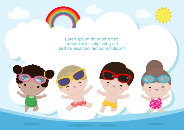 Hallo Sommer Banner Vorlage Gruppe Von Kindern Springen Strand Sommerzeit — Stockvektor