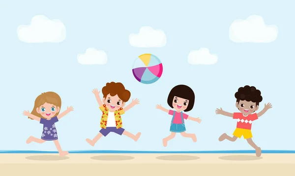 Привіт Шаблон Літнього Банера Група Дітей Які Грають Волейбол Пляжі — стоковий вектор