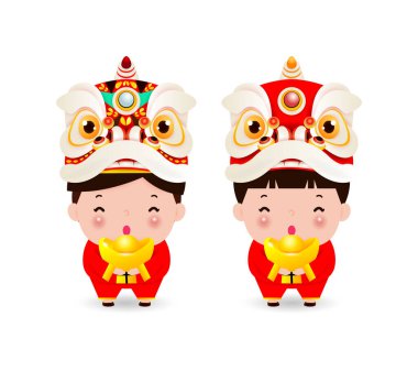 Yeni yılın kutlu olsun, Çinli erkek ve kız Çinli kostümlü ve aslan dansçısı beyaz arka planda izole edilmiş çizgi film çocuk vektör çizimi.