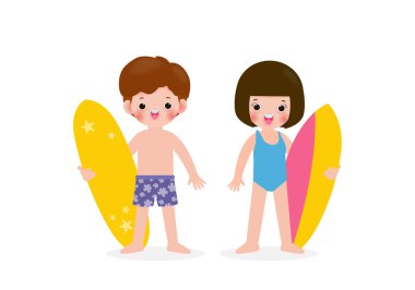 Yaz zamanı ve sahilde sörf tahtası olan Asyalı sevimli çocuklar. Tepe dalgasındaki mutlu genç sörfçü, beyaz arkaplanda izole edilmiş düz vektör çizimi
