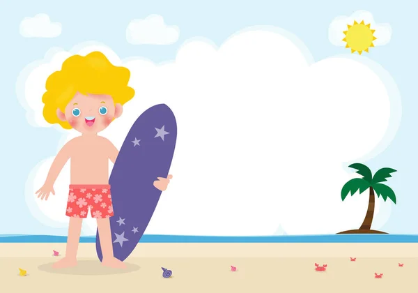 Horário Verão Bonito Surfista Caucasiano Crianças Personagem Com Prancha Surf — Vetor de Stock