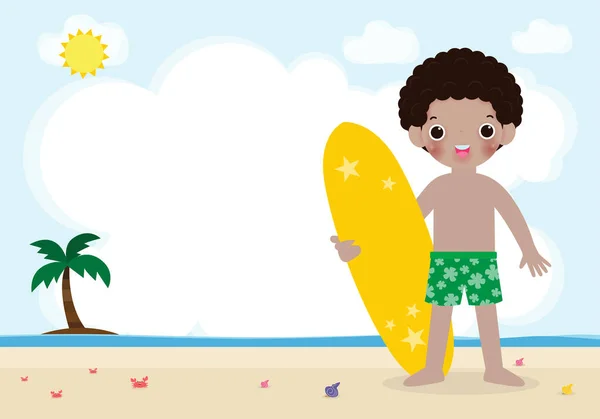 Horário Verão Bonito Surfista Afro Americano Crianças Personagem Com Prancha — Vetor de Stock