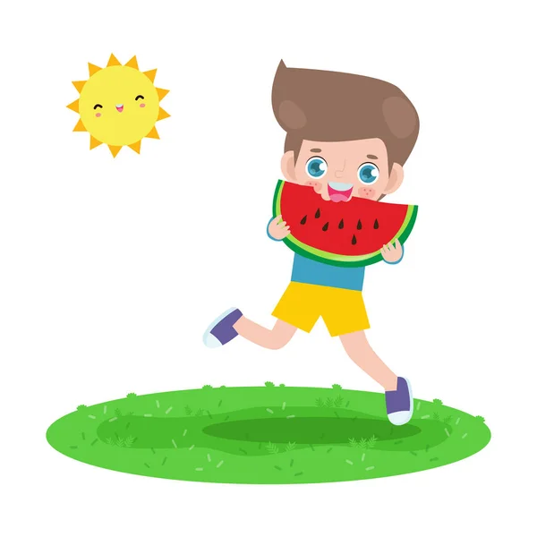 夏天的模板横幅 可爱的小孩拿着西瓜 欢快的跳在炎热的阳光普照的假日平面卡通画上 用白色的背景图片隔开 — 图库矢量图片