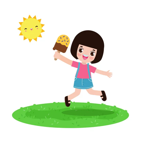 Summer Time Template Banner Cute Little Kids Holding Ice Cream — 스톡 벡터