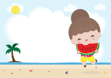 Yaz şablonu afişi, elinde karpuz tutan ve plajda zıplayan sevimli küçük çocuklar, arka planda izole edilmiş sıcak güneşli tatil düz çizgi filminde mutlular.