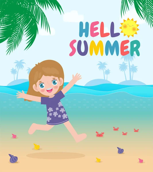 Привіт Шаблон Літнього Банера Милі Діти Стрибають Пляжі Літній Час — стоковий вектор