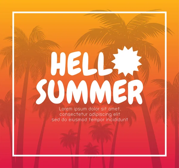 Hello Summer Banner Template Summer Time Text Beach Island Background — Stock Vector