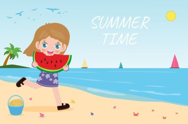 Yaz zamanı afiş şablonu, elinde karpuz tutan ve plajda zıplayan sevimli küçük çocuklar, arka planda izole edilmiş sıcak güneşli tatil düz çizgi filminde mutlular.