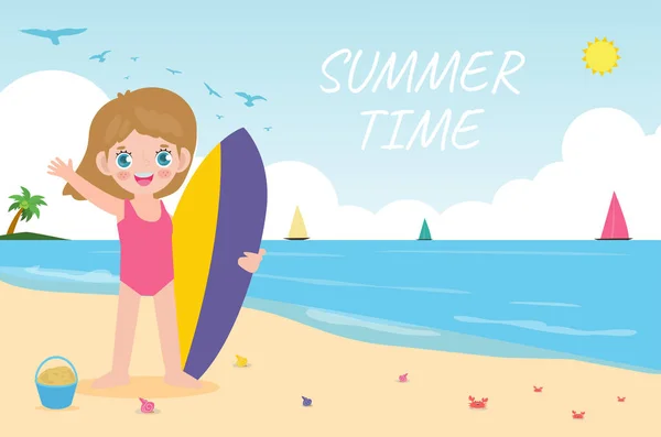 Modelo Banner Horário Verão Bonito Surfista Crianças Personagem Com Prancha —  Vetores de Stock