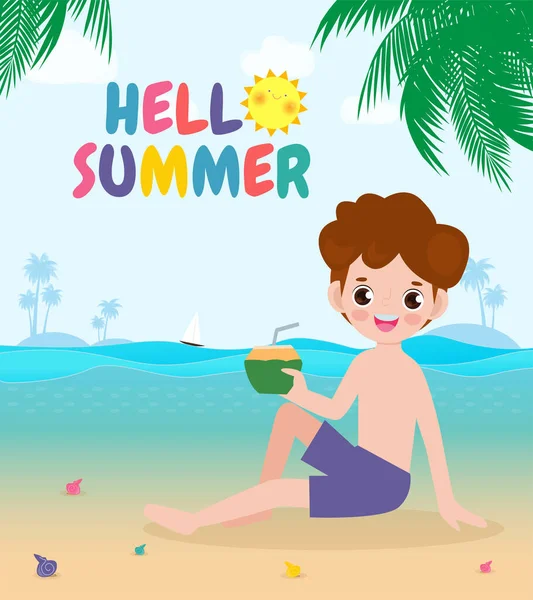 Hello Summer Banner Template Man Eating Coconut Sighting Beach Summer — стоковый вектор