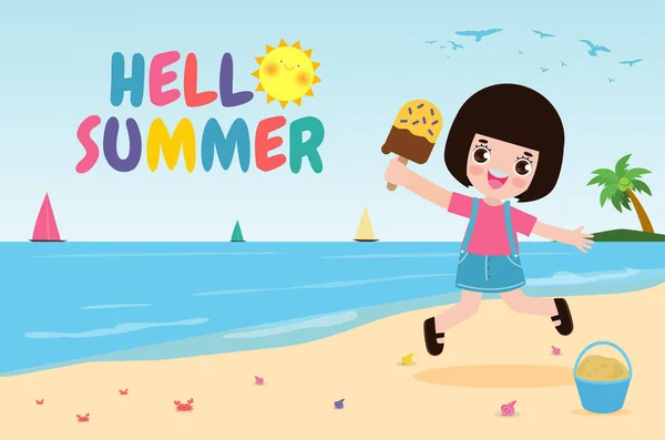 Hello Summer Banner Template Cute Little Kids Gospodarstwa Lody Skoki — Wektor stockowy