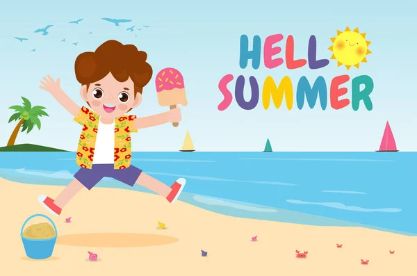 Hello Summer Banner Template Cute Little Kids Gospodarstwa Lody Skoki — Wektor stockowy