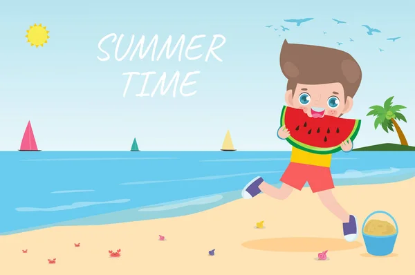 夏の時間のバナーテンプレート スイカを保持し ビーチでジャンプかわいい子供たち 暑い晴れた日の休暇に幸せフラット漫画の背景ベクトルイラストに隔離された — ストックベクタ